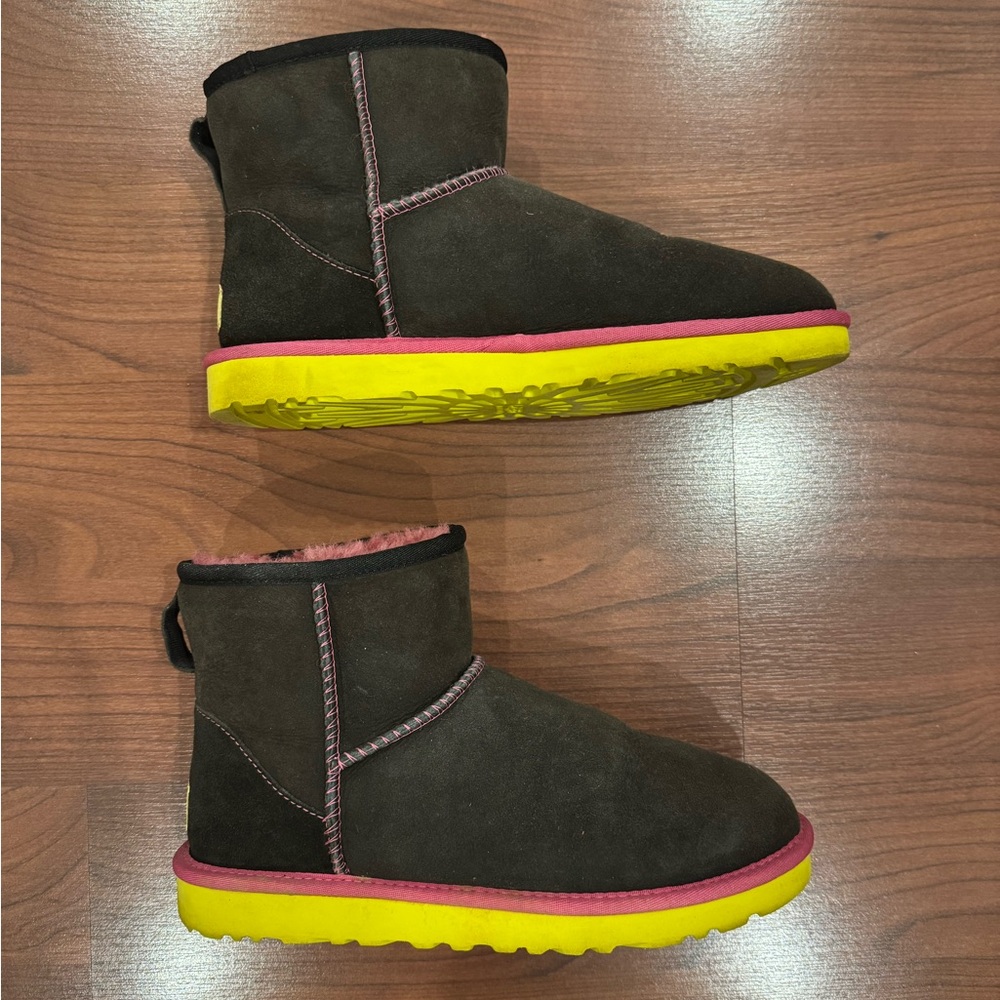 Ugg Classic Mini Boot in Black with pink and lime green detail size 8